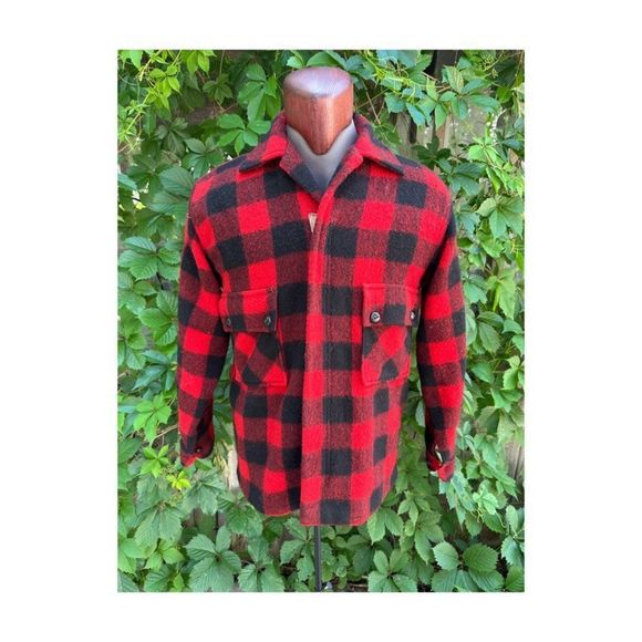 Vintage | 50s Humphrey Buffalo Plaid Wool Jacket Red Black Mackinaw Hunting Zip - Picture 1 of 15